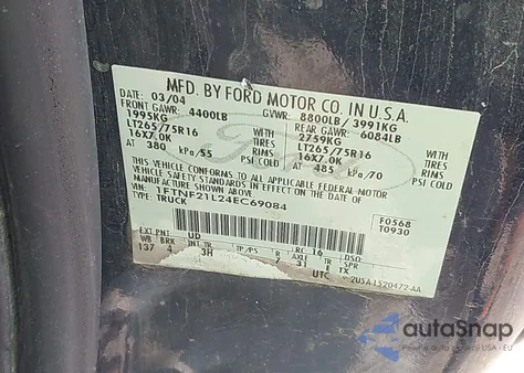 2004 Ford F-250 Xl/Xlt из США, поврежденный, VIN 1FTNF21L24EC69084